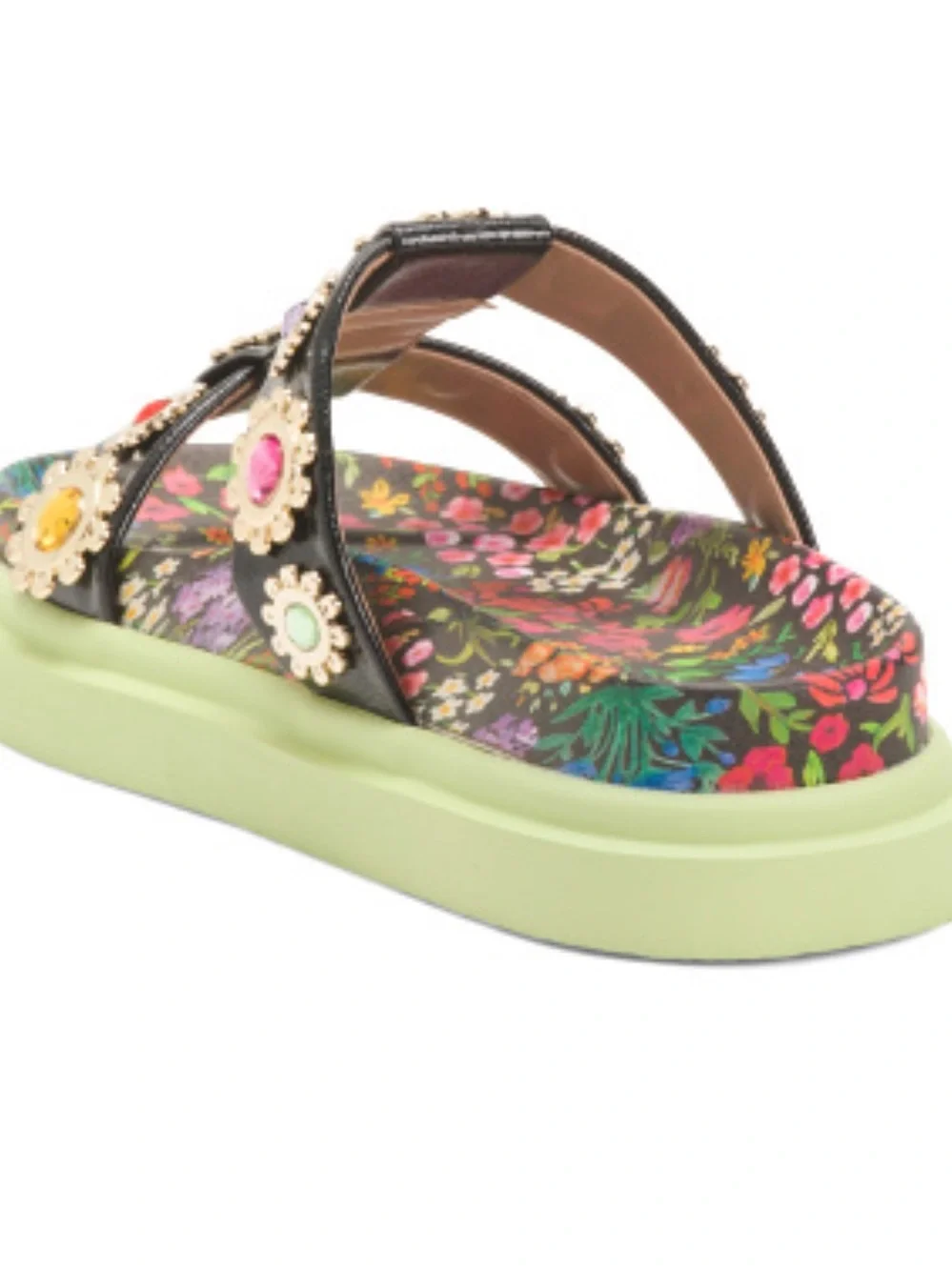 Betsey Johnson Embellished Floral Platform Slide Sandal in Black and Lime